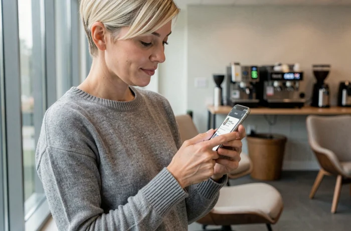 Employée Auchan accédant à son compte HR4YOU depuis un smartphone dans une salle de pause