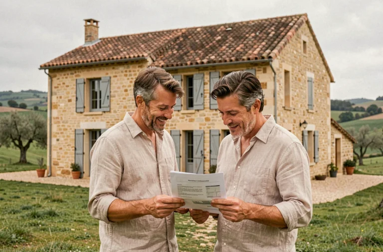 Couple examinant des documents immobiliers devant une maison en pierre traditionnelle dans le Tarn