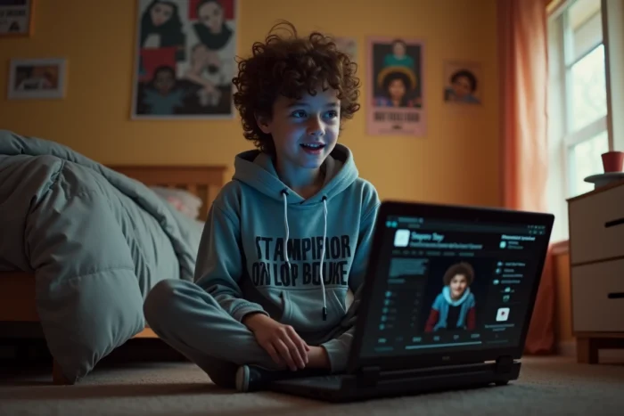 Adolescent découvrant le résultat d'une reconnaissance musicale avec Shazam sur un ordinateur portable dans sa chambre