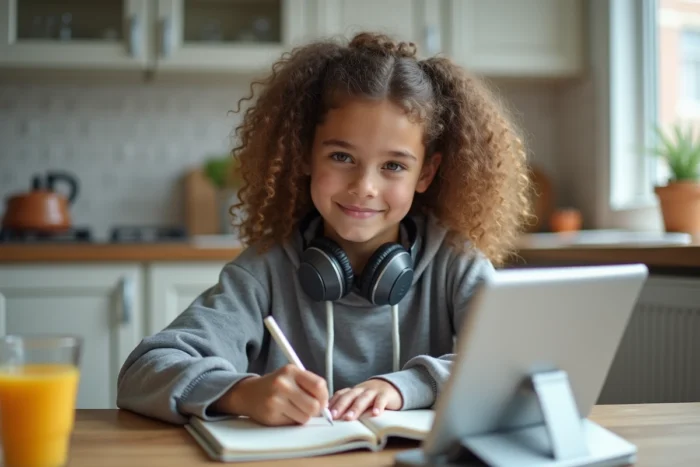 Adolescente souriante prenant des notes lors d'une session de cours en ligne à la maison