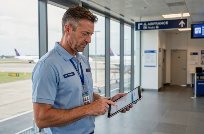 Agent opérationnel Air France se connectant au portail IPN via tablette dans un terminal aéroport