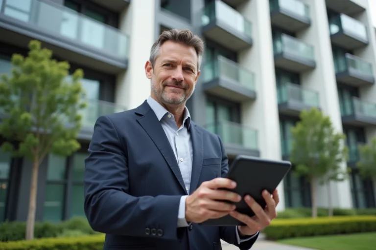 Agent immobilier devant un immeuble résidentiel moderne tenant une tablette avec des annonces immobilières