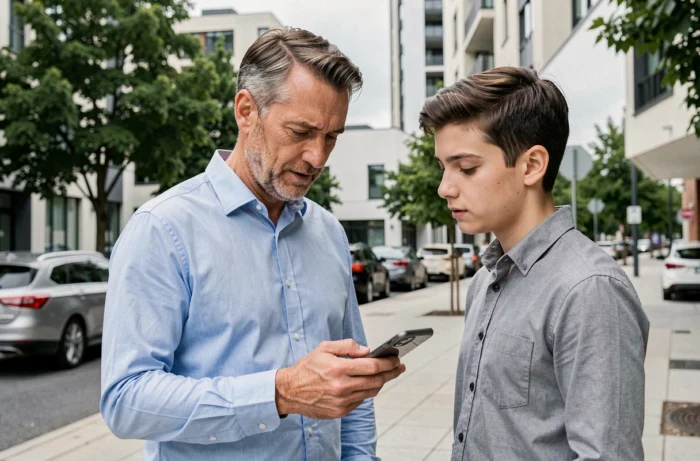 Agent immobilier présentant une annonce en ligne sur smartphone à un acheteur potentiel devant un immeuble
