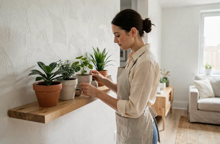 Femme arrangeant des plantes et objets décoratifs sur une étagère murale en bois dans un salon scandinave épuré