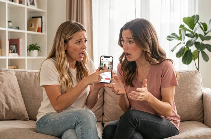 Deux amies sur un canapé réagissant avec surprise à une publicité ciblée sur Instagram après une conversation privée