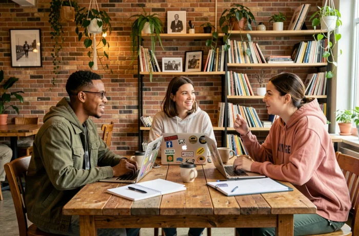 Groupe d'amis discutant de l'actualité culturelle et des tendances dans un café moderne et chaleureux