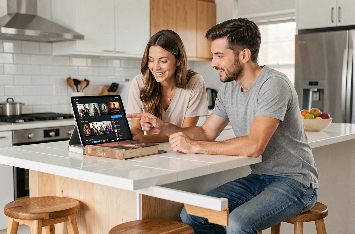 Deux amis qui parcourent un catalogue de séries en streaming sur une tablette dans une cuisine moderne
