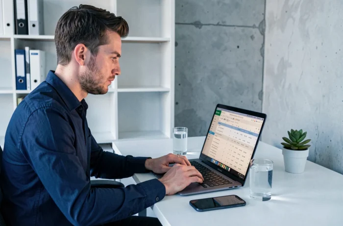 Homme analysant ses finances personnelles sur un ordinateur portable dans un bureau minimaliste à domicile