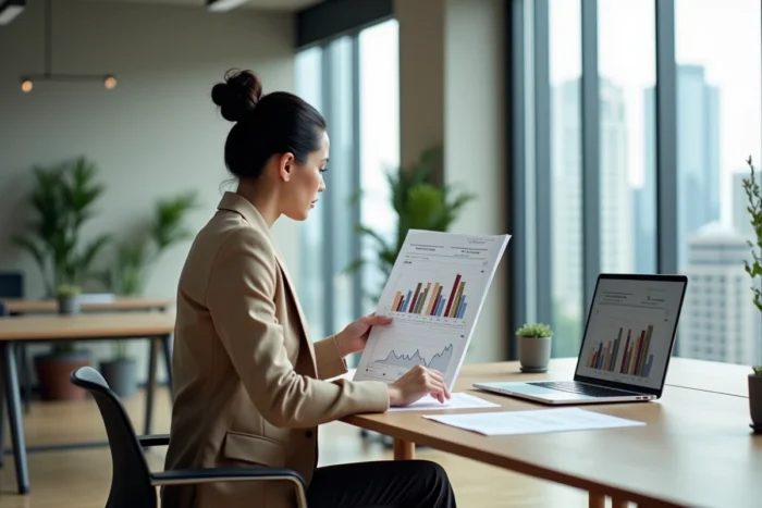 Analyste immobilière examinant des graphiques de marché dans un bureau moderne avec vue sur la ville