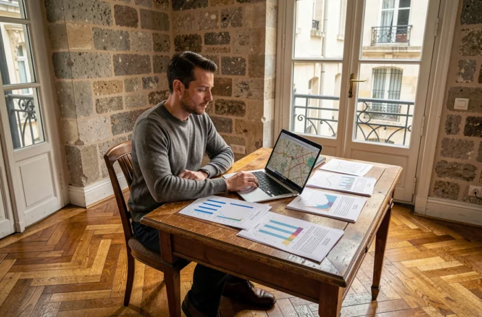 Analyste immobilier étudiant des graphiques de prix dans un appartement parisien aux murs en pierre
