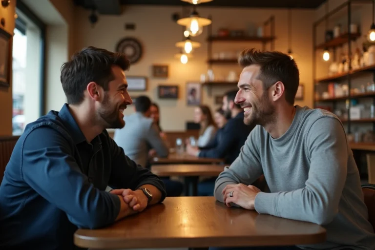 Deux hommes discutant dans un café parisien chaleureux, illustration de la vie privée d'Anthony Favalli et Florian Tardif