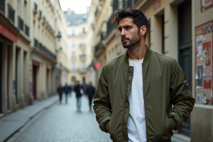 Portrait d'un homme en veste bomber olive dans une rue pavée parisienne, vie privée d'Anthony Favalli révélée
