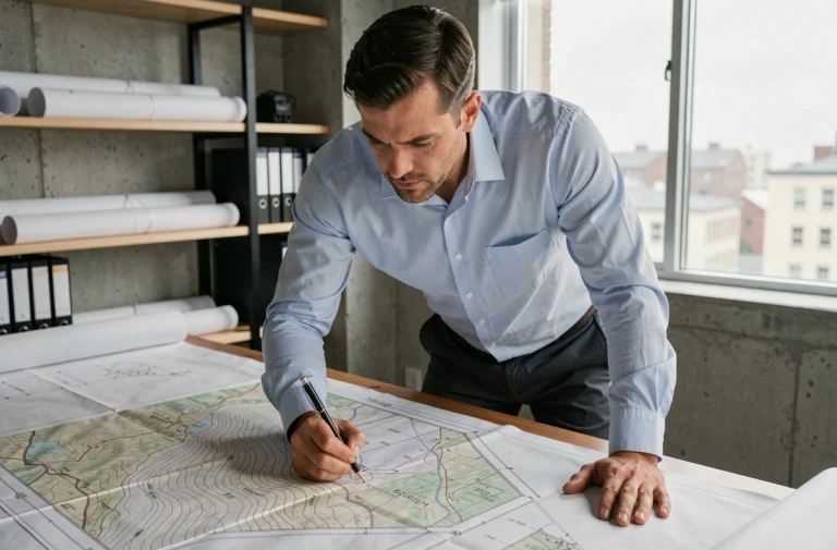 Architecte analysant un plan de coupe terrain sur table de travail avec cartes topographiques et blueprints de construction en pente