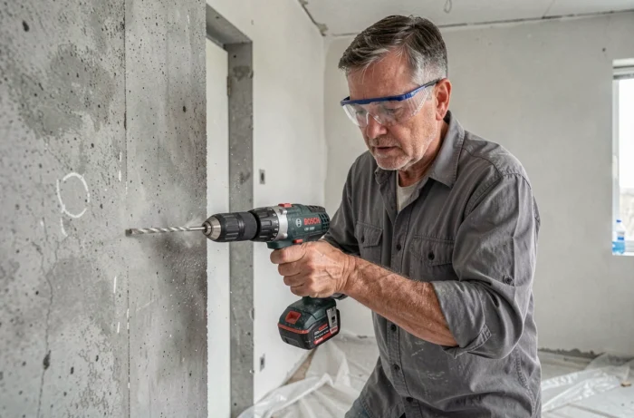 Artisan utilisant la perceuse Bosch CSB 500 RE pour percer un mur en béton lors de travaux de rénovation