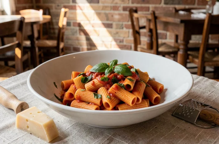 Assiette de rigatoni Rummo en sauce tomate et basilic frais dans un bol en céramique blanche sur nappe en lin, avec parmesan râpé dans une trattoria italienne ensoleillée