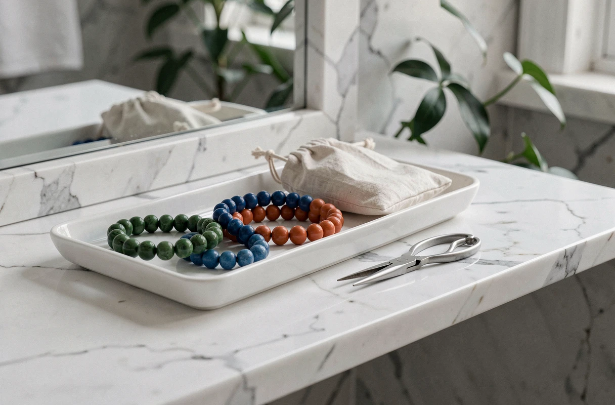 Plateau de bijoux en résine colorée style Gigi Clozeau posés sur une surface en marbre blanc