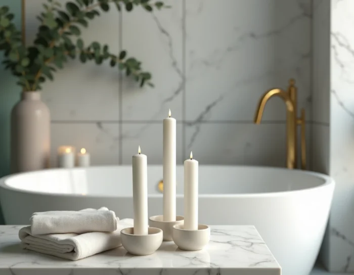 Trois bougies blanches allumées au bord d'une baignoire en marbre pour une atmosphère spa et bien-être à domicile
