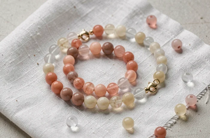 Bracelets en résine colorée style Gigi Clozeau disposés en flat lay sur du lin blanc
