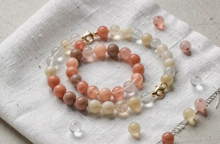 Bracelets en résine colorée style Gigi Clozeau disposés en flat lay sur du lin blanc