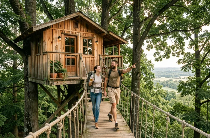 Couple traversant un pont suspendu vers une cabane dans les arbres, hébergement insolite en séjour nature alternatif
