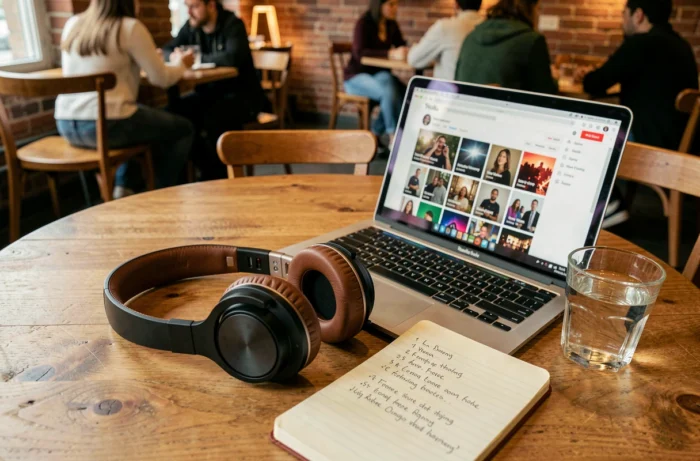 Casque audio posé sur une table de café avec un ordinateur affichant des vidéos YouTube et un carnet de playlists musicales