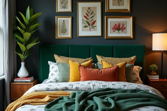 Chambre appartement urbain style maximaliste avec tête de lit en velours vert, galerie de cadres vintage et textiles superposés aux tons chauds