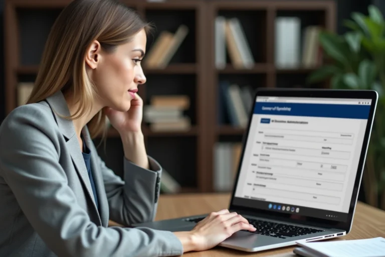 Femme remplissant un formulaire de changement de nom en ligne sur un portail administratif