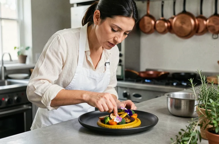 Cheffe cuisinière en tablier blanc dressant une assiette gastronomique avec légumes rôtis colorés et fleurs comestibles dans une cuisine moderne en béton