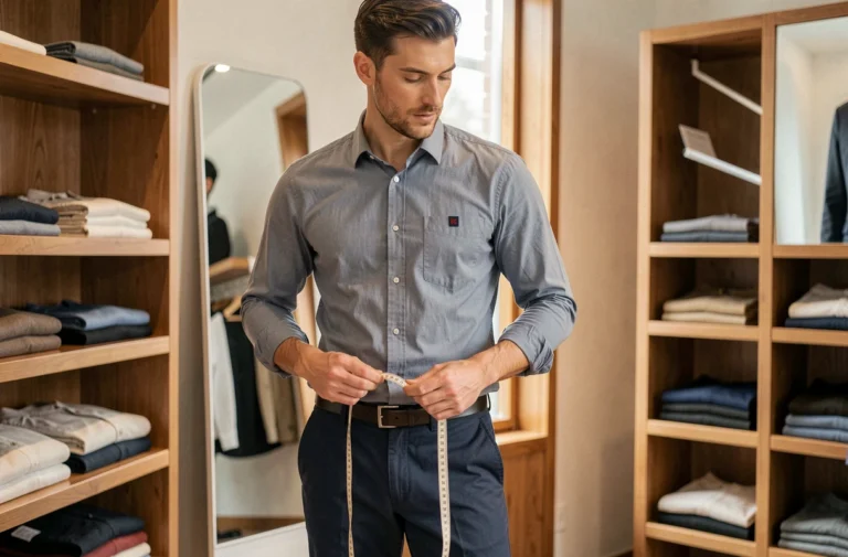 Homme mesurant sa taille dans une boutique de vêtements pour choisir la bonne taille Freeman Porter