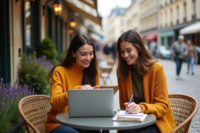 Deux blogueuses collaborant sur du contenu lifestyle dans un café parisien en terrasse