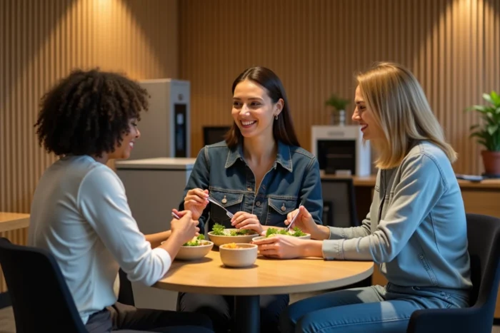 Groupe de collègues prenant leur pause déjeuner avec des paniers repas fournis par l'employeur dans la salle de pause de l'entreprise