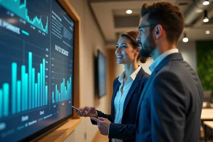 Deux jeunes professionnels discutant de stratégies d'investissement financier devant un écran d'infographies dans un espace de coworking