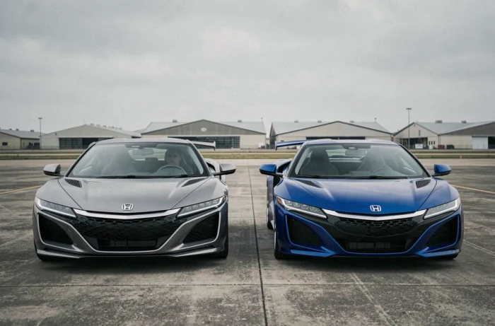 Comparaison face à face d'une Honda NSX ancienne génération et d'une NSX nouvelle génération sur un tarmac d'aérodrome, contraste visuel entre deux ères du design automobile