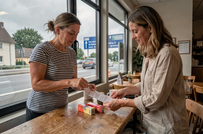 Deux femmes comparant les prix de cartouches de cigarettes et les reçus d'achat à la frontière franco-allemande