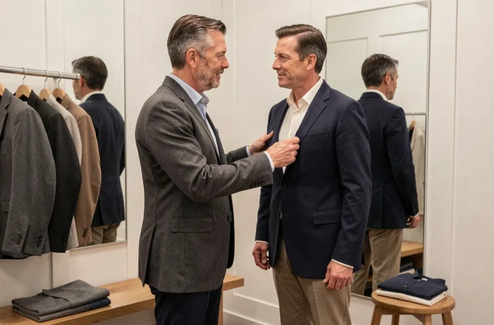 Deux hommes comparant des tailles de vestes Freeman Porter dans une cabine d'essayage