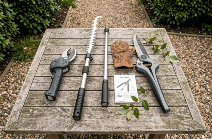 Présentation à plat de différentes élagueuses et outils de taille sur une table de jardinage en bois patiné, vue de dessus
