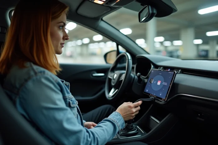 Femme connectant un câble USB-C entre une tablette Android et la console centrale d'une voiture pour configurer Android Auto