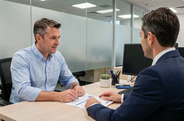 Homme en consultation avec un conseiller bancaire pour choisir une solution de crédit adaptée à ses besoins financiers