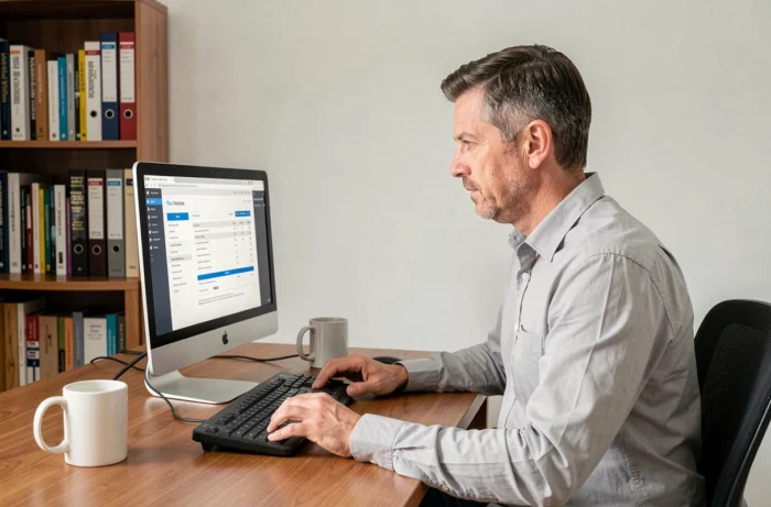 Employé consultant une fiche de paie numérique sur son ordinateur à domicile via HR4YOU