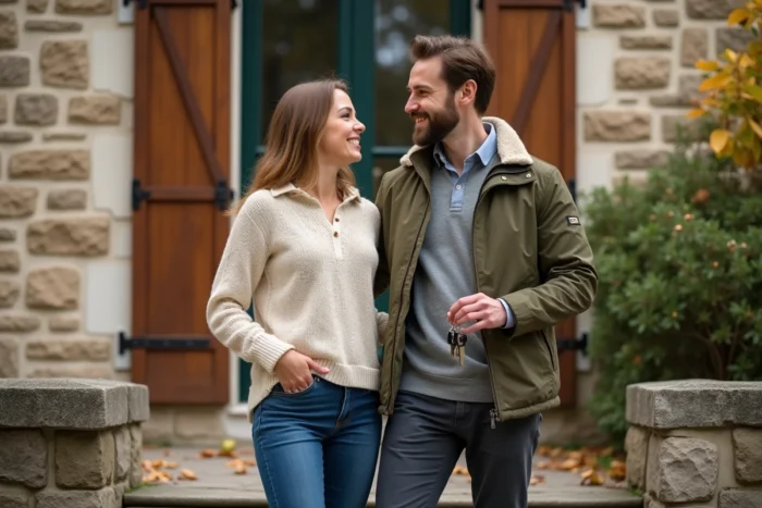 Jeune couple tenant les clés de leur nouvelle maison en pierre dans une rue résidentielle française en automne