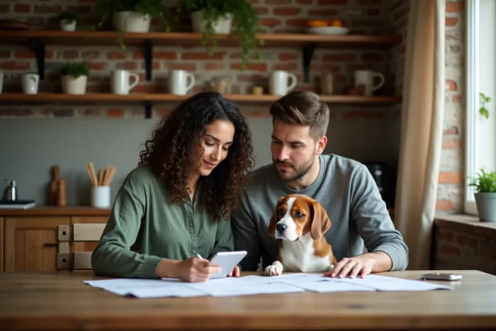Couple comparant des documents d'assurance pour leur chien beagle dans une cuisine rustique