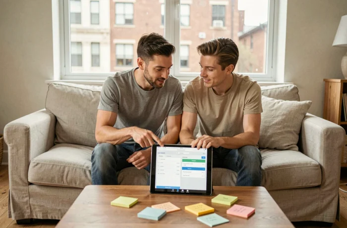 Couple comparant des offres de crédit sur une tablette dans leur salon