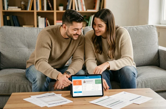 Couple en train de comparer des offres de crédit sur une tablette dans leur salon avec des documents budgétaires étalés sur la table