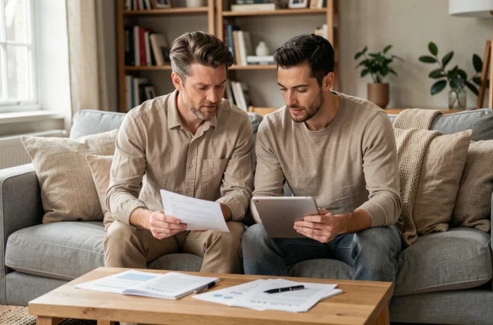 Couple discutant de la gestion de leurs finances personnelles ensemble sur un canapé dans un salon chaleureux