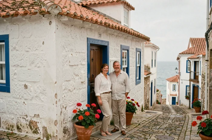 Couple d'investisseurs devant une maison de pêcheur traditionnelle au Portugal avec façade blanche et encadrements bleus