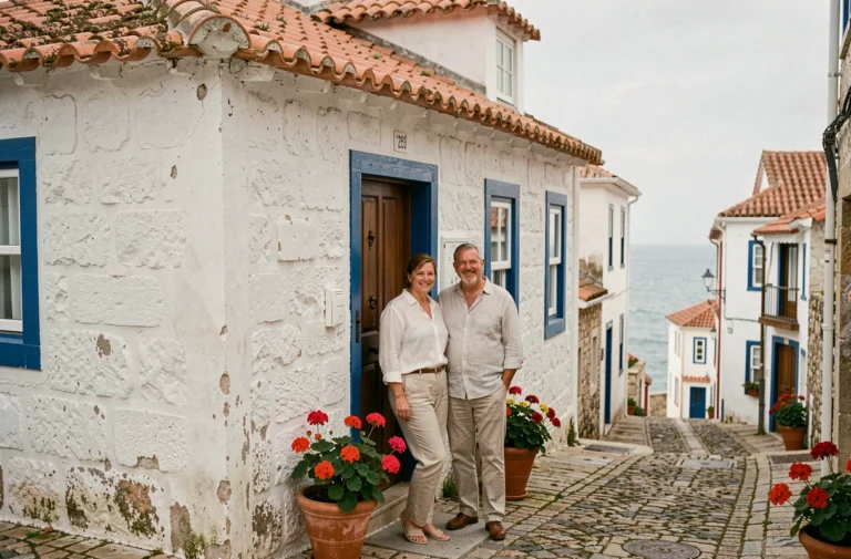 Couple d'investisseurs devant une maison de pêcheur traditionnelle au Portugal avec façade blanche et encadrements bleus