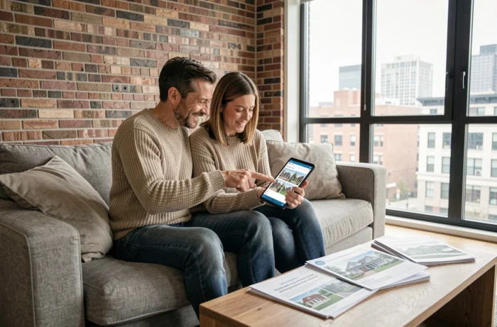 Couple recherchant un bien immobilier sur Internet depuis leur salon moderne