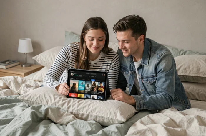 Couple regardant ensemble un film en streaming VF sur une tablette dans leur chambre