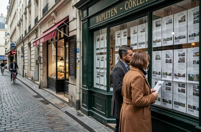 Couple consultant les annonces immobilières dans la vitrine d'une agence dans le Marais à Paris