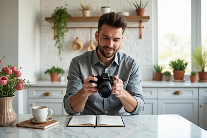 Homme photographiant un flat lay pour illustrer un article de blog lifestyle